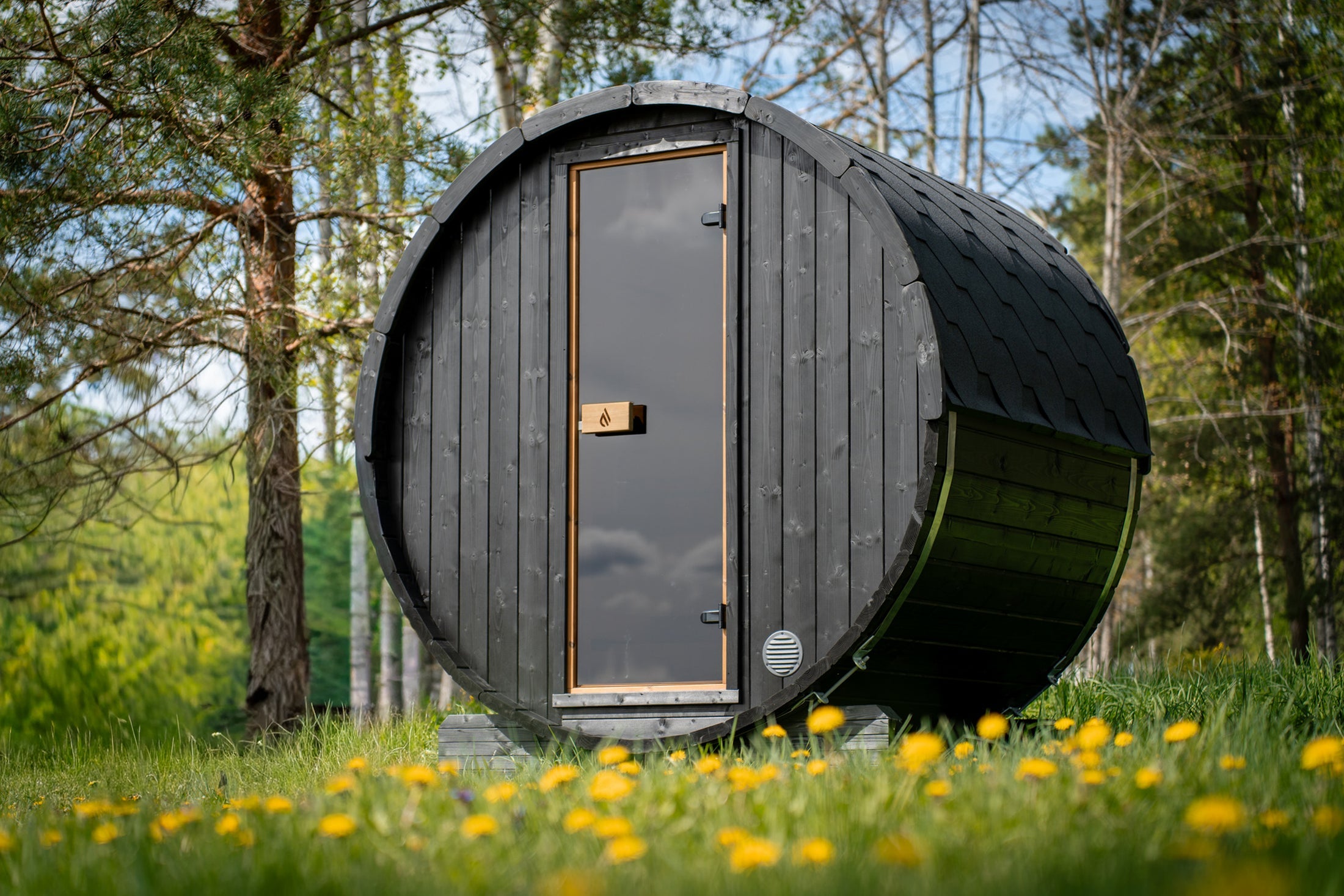 PlusLife Cove Barrel outdoor sauna, wide barrel cabin in natural timber