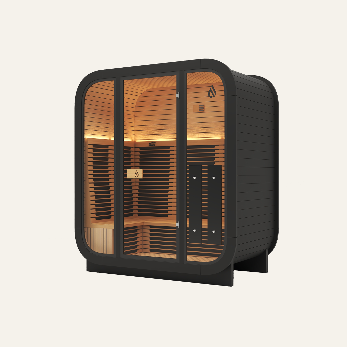 PlusLife Max Infrared Full Spectrum sauna, black rounded cabin with a glass front and a light timber interior