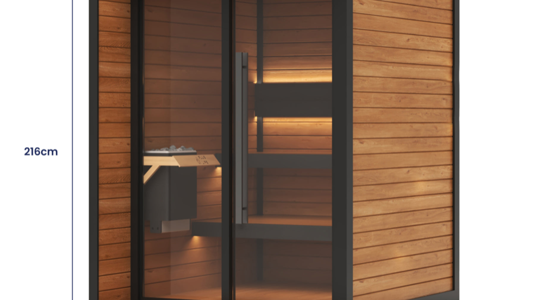 Inside a commercial sauna, showing the bench height and door clearance